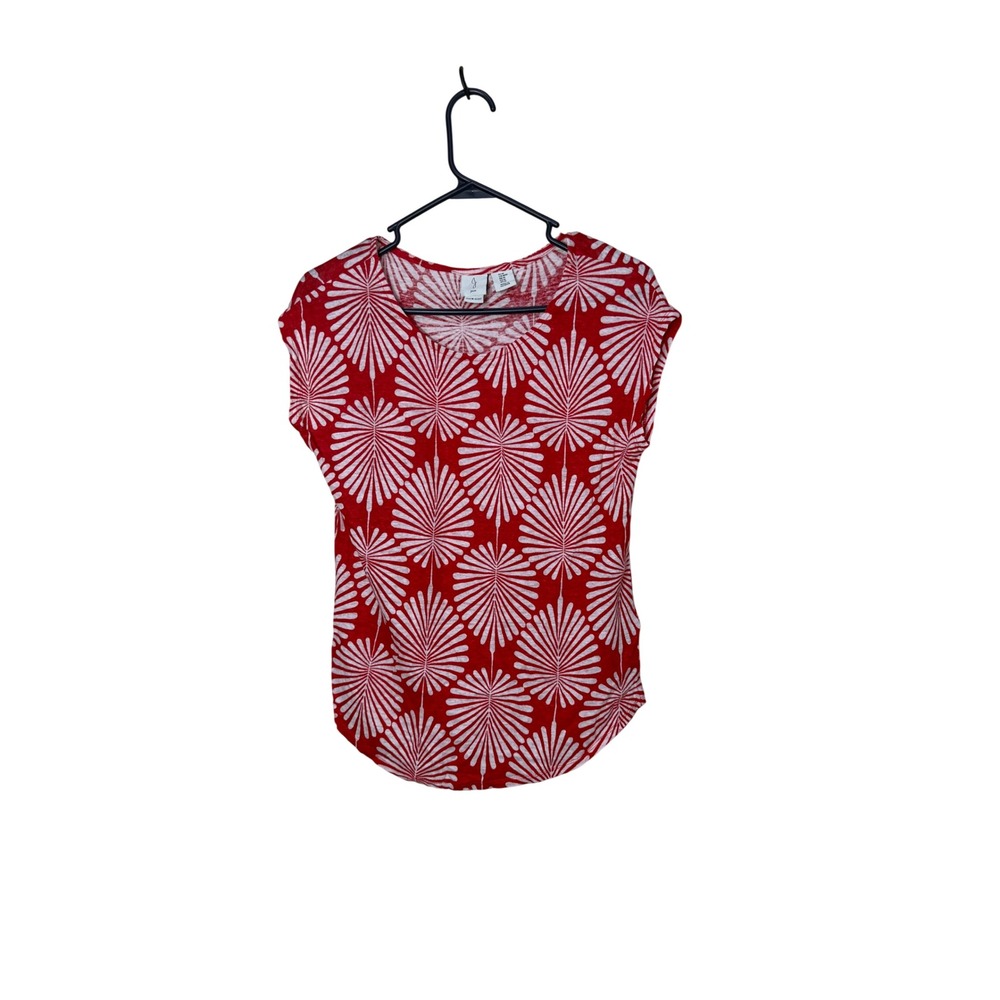 Joie Womens Red White Palm Leaf Print 100% Linen Scoop Neck Cap Sleeve Top M